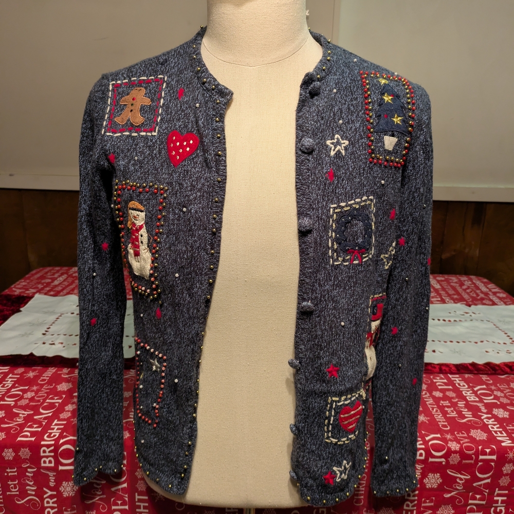 Erika Blue Christmas Cardigan with Festive Accents